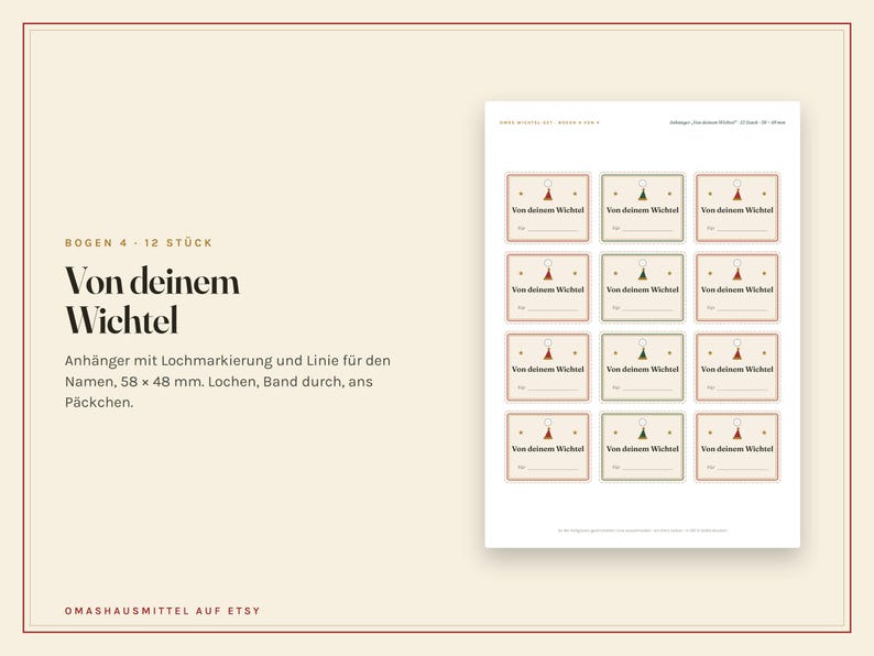 Peut inclure: Une feuille de douze &eacute;tiquettes cadeaux rectangulaires, chacune avec une petite ic&ocirc;ne d'arbre, le texte "Von deinem Wichtel" et une ligne pour un nom. Les &eacute;tiquettes sont dispos&eacute;es en grille, certaines bord&eacute;es de rouge et d'autres de vert, mesurant 58 x 48 mm chacune.