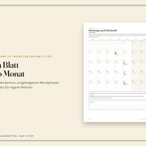 K&ouml;nnte beinhalten: Ein Monatskalenderblatt mit einem Rasterlayout f&uuml;r Daten, Mondphasensymbolen und einem Bereich f&uuml;r Notizen. Der Text enth&auml;lt 'Hartung, auch Eismond', 'Ein Blatt pro Monat', 'Mit Kalendarium, eingetragenen Mondphasen und Platz f&uuml;r eigene Notizen' sowie 'OMASHAUSMITTEL AUF ETSY'.