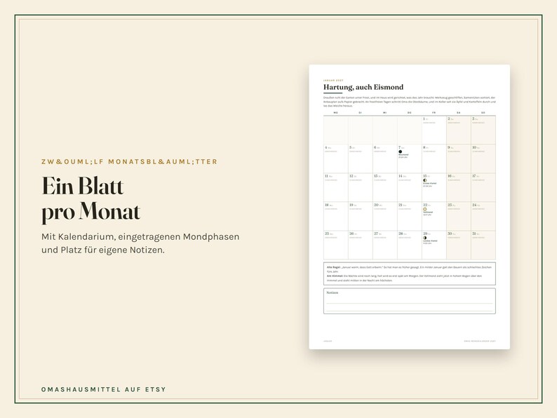 K&ouml;nnte beinhalten: Ein Monatskalenderblatt mit einem Rasterlayout f&uuml;r Daten, Mondphasensymbolen und einem Bereich f&uuml;r Notizen. Der Text enth&auml;lt 'Hartung, auch Eismond', 'Ein Blatt pro Monat', 'Mit Kalendarium, eingetragenen Mondphasen und Platz f&uuml;r eigene Notizen' sowie 'OMASHAUSMITTEL AUF ETSY'.