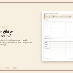 May include: A printed menu planner sheet with the German title Men&uuml; f&uuml;r Heiligabend und den 1. Weihnachtstag. The document features structured tables for organising holiday meals, including columns for courses, specific dishes, and guest contributions.