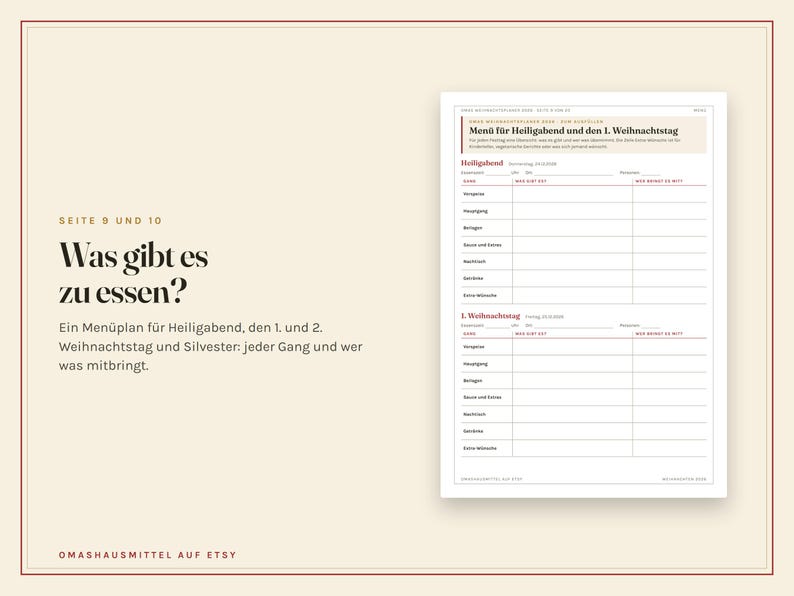 May include: A printed menu planner sheet with the German title Men&uuml; f&uuml;r Heiligabend und den 1. Weihnachtstag. The document features structured tables for organising holiday meals, including columns for courses, specific dishes, and guest contributions.