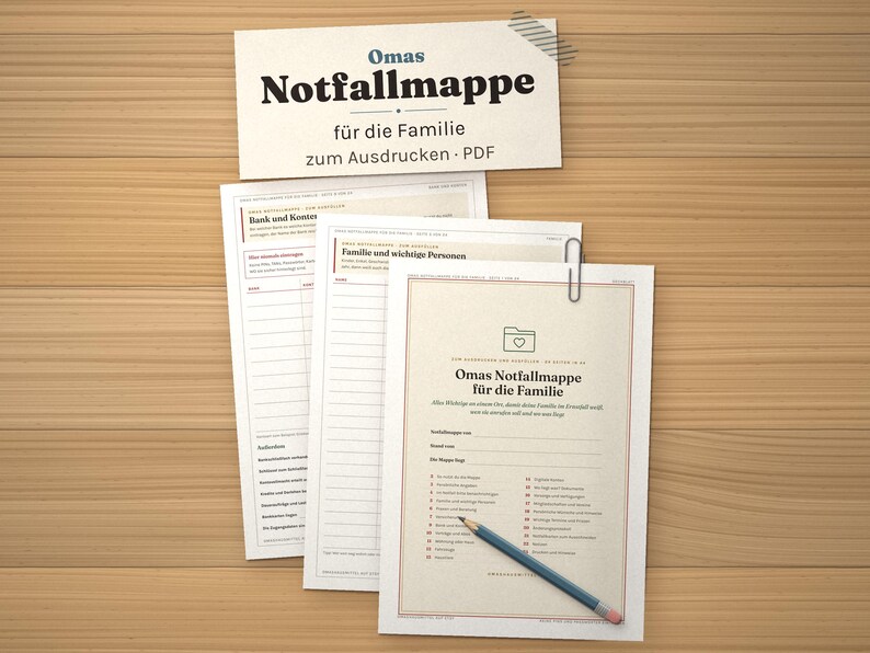 Notfallordner zum Ausdrucken, Notfallmappe für die Familie, Vorsorgeordner Vorlage, Wo liegt was, Notfallkarte, PDF A4 image 1