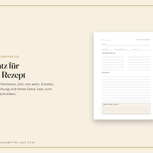 May include: A white recipe page template with black text featuring sections for name, portions, time, ingredients, and instructions. The page includes a header labelled OMAS REZEPTBUCH and a bottom section titled OMAS EXTRA / NOTIZ with lines.