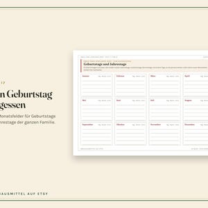 Peut inclure: Une page de planificateur intitul&eacute;e 'Geburtstage und Jahrestage' avec douze sections rectangulaires pour chaque mois de l'ann&eacute;e. Chaque section comprend des lignes pour noter les noms et les dates. Le texte 'Seite 17 Kein Geburtstag vergessen' est &agrave; gauche.