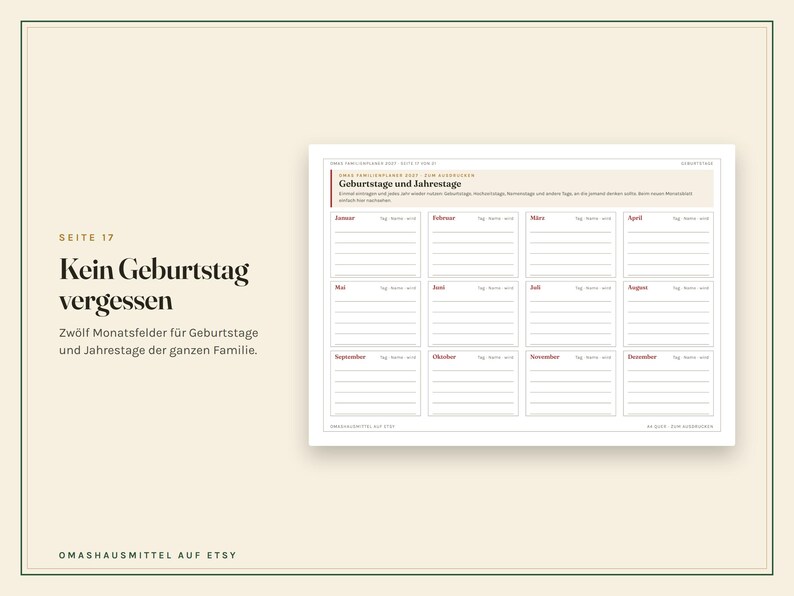 Peut inclure: Une page de planificateur intitul&eacute;e 'Geburtstage und Jahrestage' avec douze sections rectangulaires pour chaque mois de l'ann&eacute;e. Chaque section comprend des lignes pour noter les noms et les dates. Le texte 'Seite 17 Kein Geburtstag vergessen' est &agrave; gauche.