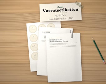 Printable jam labels, 60 vintage storage labels, PDF A4 German