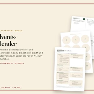 Peut inclure: Un ensemble de calendrier de l'Avent num&eacute;rique &agrave; imprimer comprenant 17 pages A4 d'instructions, des cercles num&eacute;rot&eacute;s de 1 &agrave; 24 et des astuces m&eacute;nag&egrave;res. Le texte inclut OMAS ADVENTSKALENDER, Adventskalender, 24 Karten mit altem Hausmittel- und Haushaltswissen, SOFORT-DOWNLOAD - DEUTSCH et OMASHAUSMITTEL AUF ETSY.
