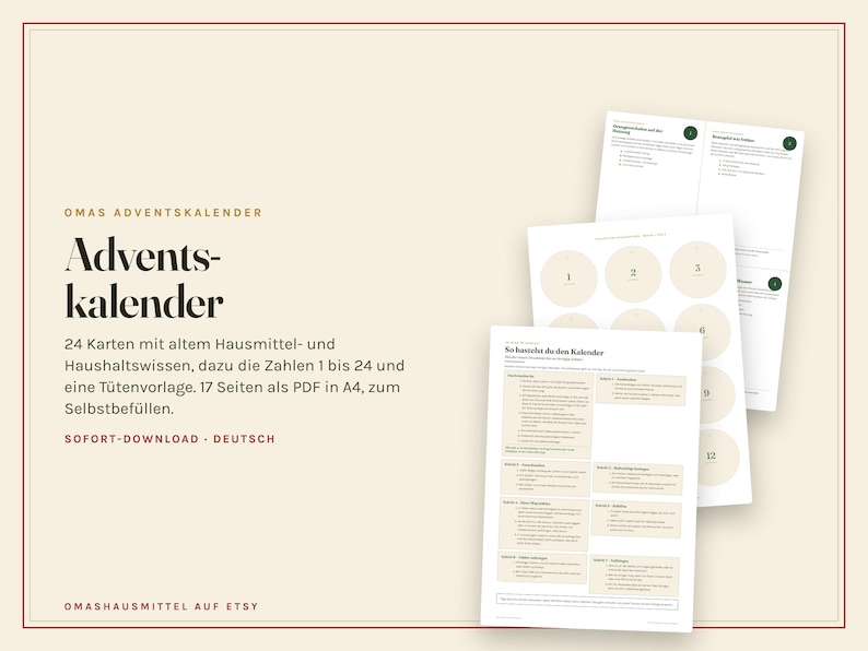Peut inclure: Un ensemble de calendrier de l'Avent num&eacute;rique &agrave; imprimer comprenant 17 pages A4 d'instructions, des cercles num&eacute;rot&eacute;s de 1 &agrave; 24 et des astuces m&eacute;nag&egrave;res. Le texte inclut OMAS ADVENTSKALENDER, Adventskalender, 24 Karten mit altem Hausmittel- und Haushaltswissen, SOFORT-DOWNLOAD - DEUTSCH et OMASHAUSMITTEL AUF ETSY.