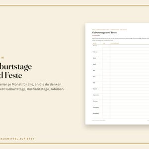 May include: A white planner page titled "Geburtstage und Feste" featuring a list of months from January to December. Each month has two blank lines for recording birthdays, anniversaries, and celebrations. The text is in German with a clean layout.