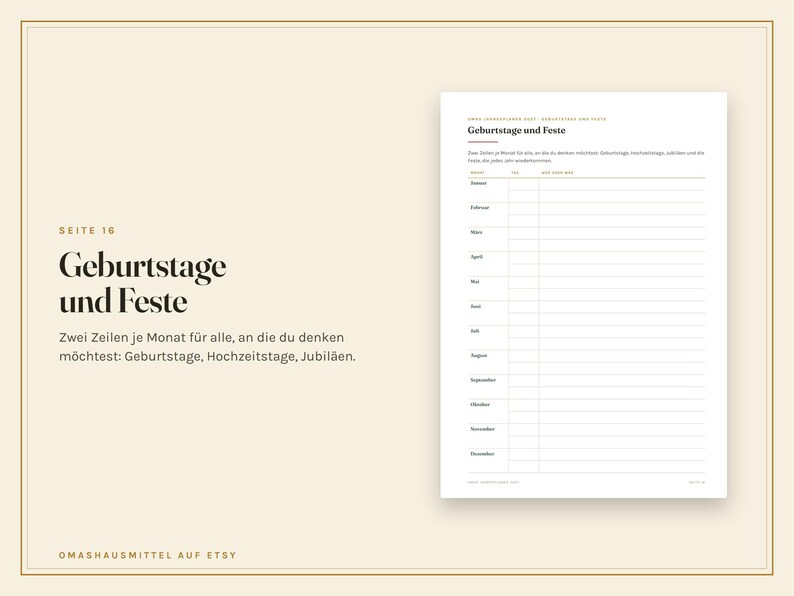 May include: A white planner page titled "Geburtstage und Feste" featuring a list of months from January to December. Each month has two blank lines for recording birthdays, anniversaries, and celebrations. The text is in German with a clean layout.