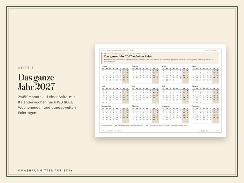 Peut inclure: Une page de calendrier annuel 2027 pr&eacute;sentant douze mois dans un format de grille. Le texte indique Das ganze Jahr 2027 auf einer Seite, avec les mois de janvier &agrave; d&eacute;cembre organis&eacute;s par semaines. Le design utilise du texte noir sur fond blanc avec des surbrillances beiges pour les week-ends et les jours f&eacute;ri&eacute;s.