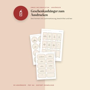 May include: A set of printable gift tags on A4 paper sheets featuring three distinct shapes with hole punch markings. The designs include both blank tags and tags with German text, presented in a neutral beige colour palette with a red circular icon.