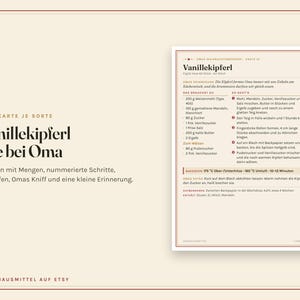 K&ouml;nnte beinhalten: Eine cremefarbene Rezeptkarte mit dem Titel Vanillekipferl wie bei Oma, die eine Zutatenliste, nummerierte Backanleitungen, Ofeneinstellungen und eine kleine Erinnerung in einem klaren, strukturierten schwarz-wei&szlig;en Layout enth&auml;lt.