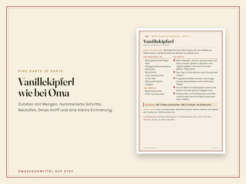 K&ouml;nnte beinhalten: Eine cremefarbene Rezeptkarte mit dem Titel Vanillekipferl wie bei Oma, die eine Zutatenliste, nummerierte Backanleitungen, Ofeneinstellungen und eine kleine Erinnerung in einem klaren, strukturierten schwarz-wei&szlig;en Layout enth&auml;lt.