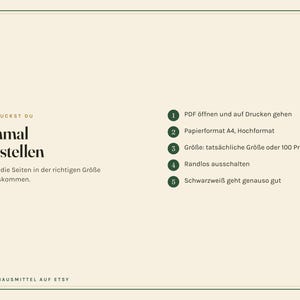 May include: A beige instructional graphic with dark green text and accents. It features the German heading 'SO DRUCKST DU Einmal einstellen' followed by five numbered steps in green circles, detailing printing instructions for a PDF document.