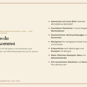 May include: A digital A4 portrait PDF Christmas planner for 2026 with 20 pages. The text includes OMAS WEIHNACHTSPLANER 2026, WAS DU BEKOMMST, and a list of features like a calendar, countdown checklist, gift list, budget, menu planner, and shopping list.