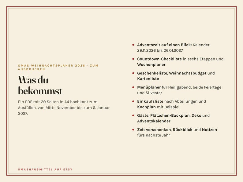 May include: A digital A4 portrait PDF Christmas planner for 2026 with 20 pages. The text includes OMAS WEIHNACHTSPLANER 2026, WAS DU BEKOMMST, and a list of features like a calendar, countdown checklist, gift list, budget, menu planner, and shopping list.