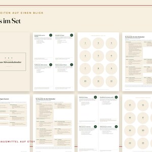 Peut inclure: Un ensemble de pages imprimables pour un calendrier de l'Avent intitul&eacute; Omas Adventskalender. La collection comprend des feuilles d'instructions, des &eacute;tiquettes circulaires num&eacute;rot&eacute;es de 1 &agrave; 24 et des guides informatifs en allemand sur fond beige.