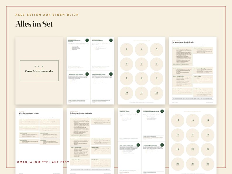 Peut inclure: Un ensemble de pages imprimables pour un calendrier de l'Avent intitul&eacute; Omas Adventskalender. La collection comprend des feuilles d'instructions, des &eacute;tiquettes circulaires num&eacute;rot&eacute;es de 1 &agrave; 24 et des guides informatifs en allemand sur fond beige.