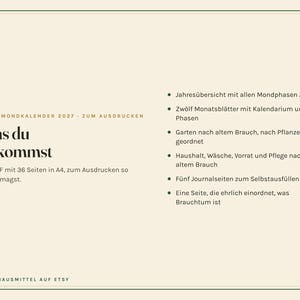 K&ouml;nnte beinhalten: Ein digitales 36-seitiges A4-PDF-Dokument mit dem Titel Omas Mondkalender 2027. Der Text listet den Inhalt auf, darunter eine Jahres&uuml;bersicht mit Mondphasen 2027, zw&ouml;lf Monatsbl&auml;tter, Garten- und Haushaltstipps sowie f&uuml;nf Journal-Seiten.