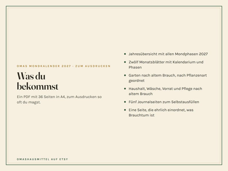 K&ouml;nnte beinhalten: Ein digitales 36-seitiges A4-PDF-Dokument mit dem Titel Omas Mondkalender 2027. Der Text listet den Inhalt auf, darunter eine Jahres&uuml;bersicht mit Mondphasen 2027, zw&ouml;lf Monatsbl&auml;tter, Garten- und Haushaltstipps sowie f&uuml;nf Journal-Seiten.