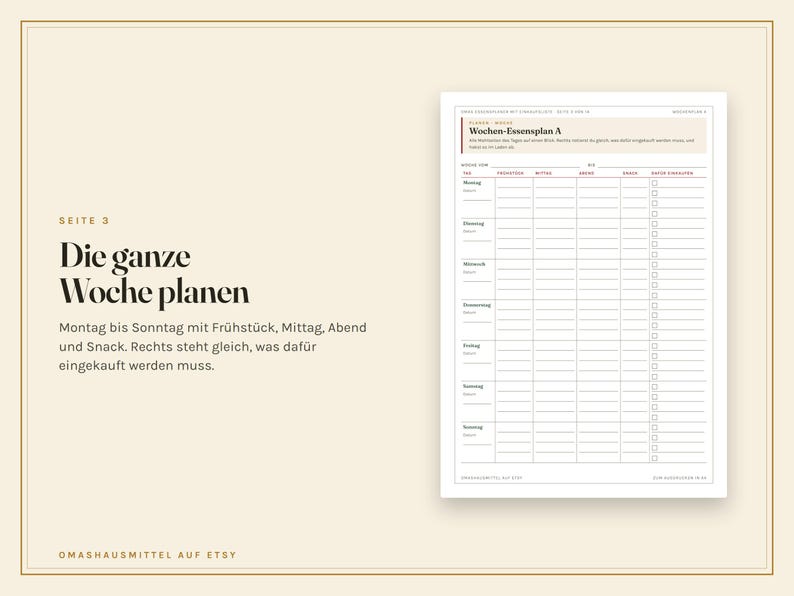 Essensplaner zum Ausdrucken, Wochenplan Essen, Einkaufsliste, Monatsplan, Vorratsliste, Menüplan Familie, Resteküche, PDF A4 Bild 4