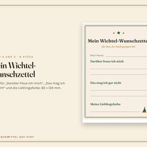 Peut inclure: Une carte de liste de souhaits rectangulaire de couleur cr&egrave;me avec le texte allemand Mein Wichtel-Wunschzettel, des lignes pour le nom, les go&ucirc;ts, les d&eacute;go&ucirc;ts et la couleur pr&eacute;f&eacute;r&eacute;e. La carte mesure 92 par 124 mm et inclut des &eacute;toiles.
