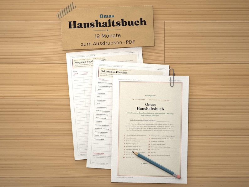 Haushaltsbuch zum Ausdrucken, undatiert, Budgetplaner PDF A4 und Excel Tabelle, Ausgaben, Fixkosten, Sparziele, Umschlagmethode Bild 1