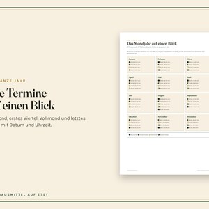 K&ouml;nnte beinhalten: Ein gedrucktes Mondkalenderblatt mit dem Titel Das Mondjahr auf einen Blick, das ein Raster mit zw&ouml;lf Monaten von Januar bis Dezember zeigt. Jedes Monatsfeld listet spezifische Daten und Uhrzeiten f&uuml;r Mondphasen wie Neumond und Vollmond auf.