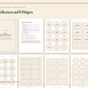 May include: A set of 72 printable labels on 6 sheets, featuring the text Omas Weihnachtsetiketten. The collection includes circular and rectangular labels with beige backgrounds and thin borders, designed for organizing holiday baked goods.