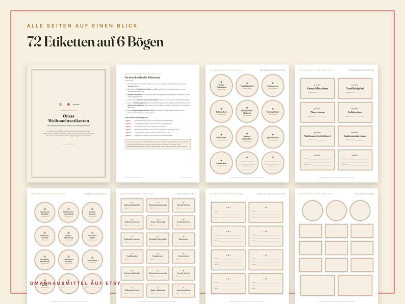 May include: A set of 72 printable labels on 6 sheets, featuring the text Omas Weihnachtsetiketten. The collection includes circular and rectangular labels with beige backgrounds and thin borders, designed for organizing holiday baked goods.