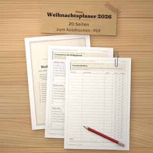 May include: A printable 2026 Christmas planner with 20 pages in PDF format. The set includes sheets with checklists, a countdown to Christmas Eve, and a gift list. A red pencil rests on the top page, which is secured with a silver paper clip.