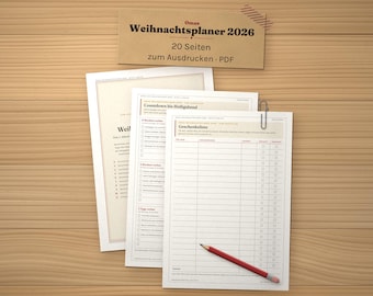 Weihnachtsplaner 2026 zum Ausdrucken, Geschenkeliste, Menüplaner, Adventskalender, Countdown, Budget, Kochplan, PDF A4