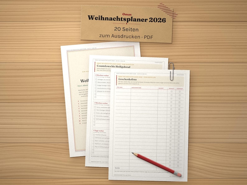 May include: A printable 2026 Christmas planner with 20 pages in PDF format. The set includes sheets with checklists, a countdown to Christmas Eve, and a gift list. A red pencil rests on the top page, which is secured with a silver paper clip.