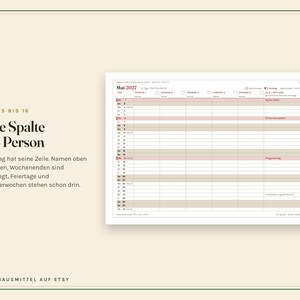 Peut inclure: Une page de planning pour mai 2027 avec une grille et des colonnes pour plusieurs personnes. Le texte inclut 'Mai 2027', 'Eine Spalte pro Person' et 'OMASHAUSMITTEL AUF ETSY'. Le design utilise une palette de couleurs neutres avec des accents rouges.