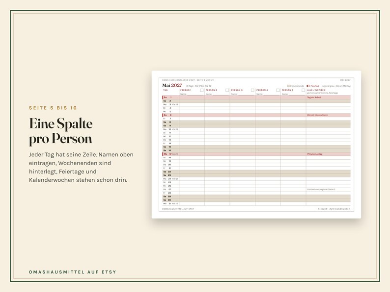 Peut inclure: Une page de planning pour mai 2027 avec une grille et des colonnes pour plusieurs personnes. Le texte inclut 'Mai 2027', 'Eine Spalte pro Person' et 'OMASHAUSMITTEL AUF ETSY'. Le design utilise une palette de couleurs neutres avec des accents rouges.
