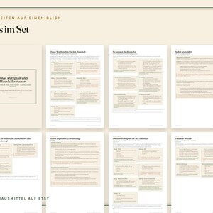 May include: A collection of eight printable pages for a household cleaning planner, featuring German text including Omas Putzplan und Haushaltsplan. The documents are organised with structured tables, lists, and instructional sections on a light beige background.
