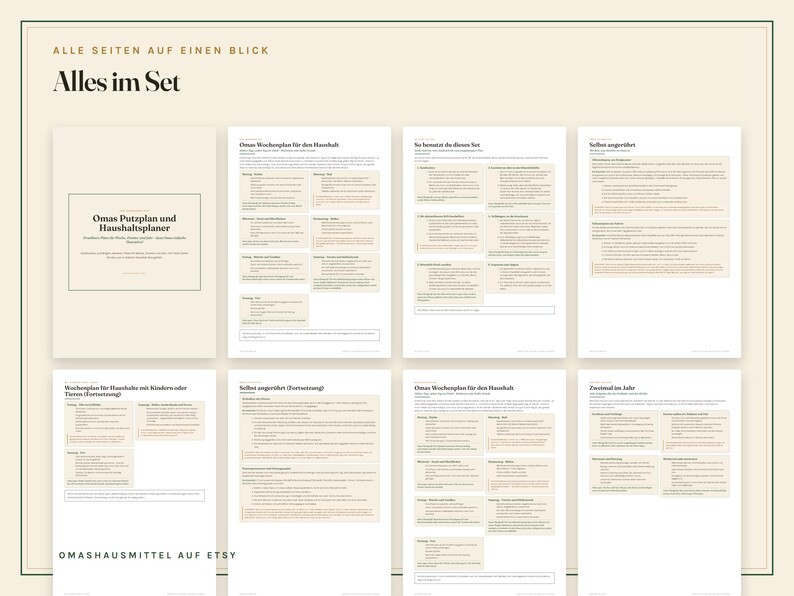 May include: A collection of eight printable pages for a household cleaning planner, featuring German text including Omas Putzplan und Haushaltsplan. The documents are organised with structured tables, lists, and instructional sections on a light beige background.
