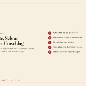 Peut inclure: Un graphique d'instructions couleur cr&egrave;me avec du texte brun fonc&eacute; intitul&eacute; "DREI WEGE T&uuml;te, Schnur oder Umschlag". Il &eacute;num&egrave;re cinq &eacute;tapes de bricolage, incluant l'impression sur carton de 160g, la d&eacute;coupe, le pliage et l'assemblage de cartes.