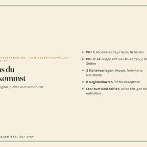 以下が含まれることがあります： デジタルレシピカードテンプレートセット。OMAS REZEPTKARTEN ZUM SELBSTAUSF&Uuml;LLEN AS UND A6、WAS DU BEKOMMSTというテキストが含まれ、PDF形式、A4シート、カードテンプレート、インデックスカード、手書き用空白スペースに関する詳細が記載されています。