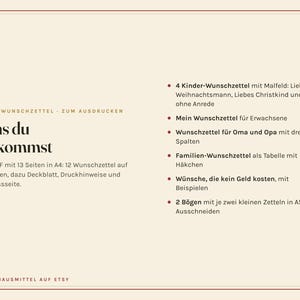 Puede incluir: Un documento digital con fondo crema y borde rojo oscuro que contiene texto en alem&aacute;n. El texto enumera el contenido: 4 listas de deseos para ni&ntilde;os, una lista para adultos, una para abuelos, una tabla familiar y 2 hojas de tama&ntilde;o A5 para recortar.