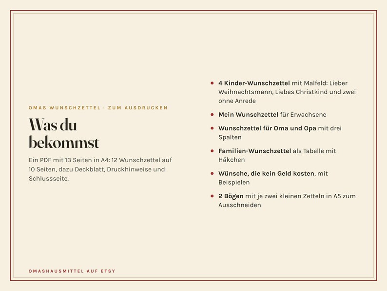 Puede incluir: Un documento digital con fondo crema y borde rojo oscuro que contiene texto en alem&aacute;n. El texto enumera el contenido: 4 listas de deseos para ni&ntilde;os, una lista para adultos, una para abuelos, una tabla familiar y 2 hojas de tama&ntilde;o A5 para recortar.