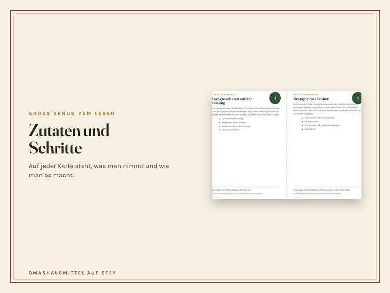 Peut inclure: Une carte d'information beige avec le texte "GROSS GENUG ZUM LESEN", "Zutaten und Schritte" et "Auf jeder Karte steht, was man nimmt und wie man es macht." La partie droite montre deux fiches recettes num&eacute;rot&eacute;es avec du texte allemand.