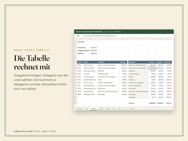 Haushaltsbuch zum Ausdrucken, undatiert, Budgetplaner PDF A4 und Excel Tabelle, Ausgaben, Fixkosten, Sparziele, Umschlagmethode Bild 9