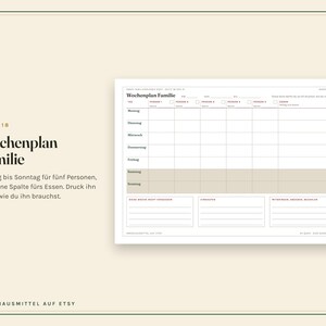 Peut inclure: Un mod&egrave;le de planning familial hebdomadaire pr&eacute;sentant une grille avec des colonnes pour cinq personnes et une colonne pour les repas. Le document inclut des lignes du lundi au dimanche, avec samedi et dimanche en beige, et trois sections.