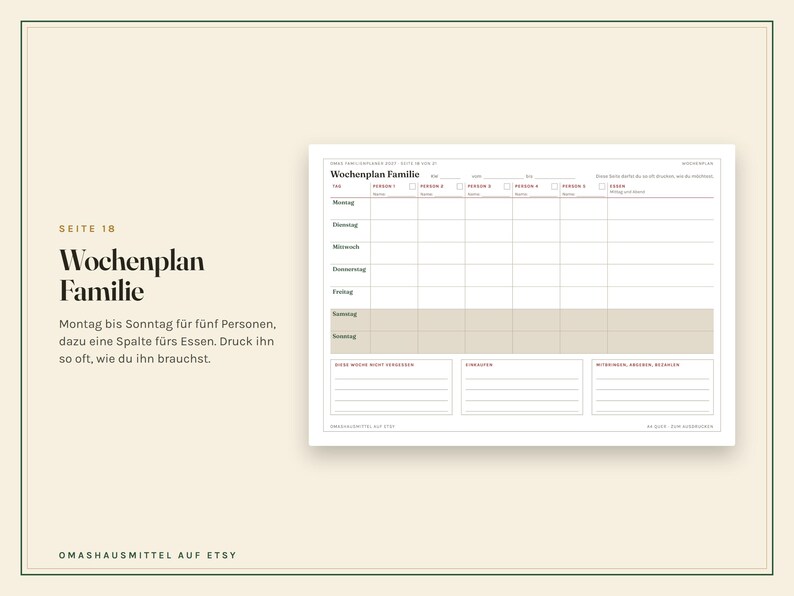 Peut inclure: Un mod&egrave;le de planning familial hebdomadaire pr&eacute;sentant une grille avec des colonnes pour cinq personnes et une colonne pour les repas. Le document inclut des lignes du lundi au dimanche, avec samedi et dimanche en beige, et trois sections.