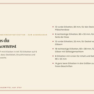 May include: A digital PDF document titled OMAS WEIHNACHTSETIKETTEN ZUM AUSDRUCKEN featuring a list of 72 printable labels in various shapes and sizes, including round and rectangular options for jars and tins, with text detailing the contents on a beige background.