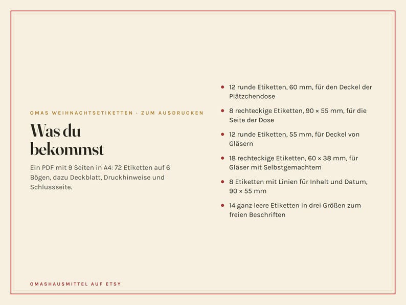 May include: A digital PDF document titled OMAS WEIHNACHTSETIKETTEN ZUM AUSDRUCKEN featuring a list of 72 printable labels in various shapes and sizes, including round and rectangular options for jars and tins, with text detailing the contents on a beige background.