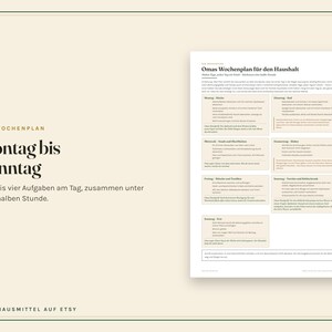 May include: A white document titled Omas Wochenplan f&uuml;r den Haushalt featuring a weekly schedule from Monday to Sunday. The layout includes beige boxes for each day with German text listing household tasks, organised in a clean, structured format.