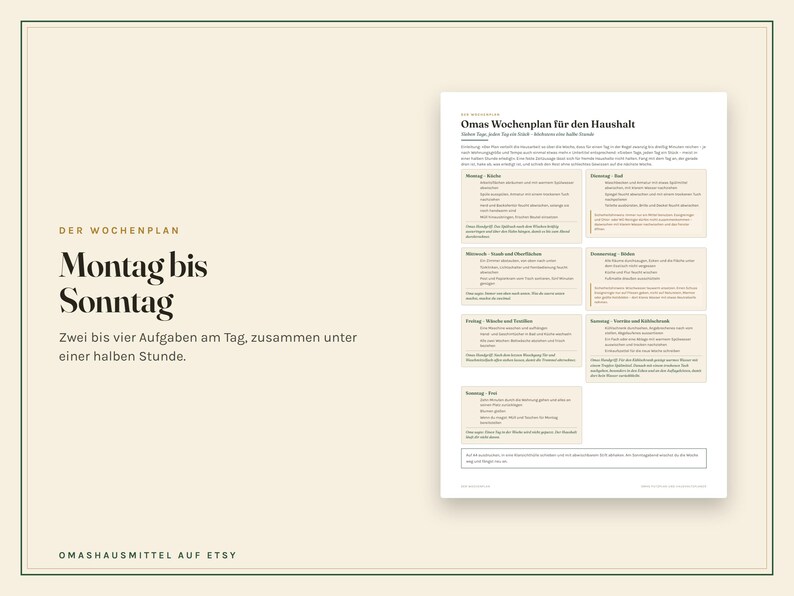 May include: A white document titled Omas Wochenplan f&uuml;r den Haushalt featuring a weekly schedule from Monday to Sunday. The layout includes beige boxes for each day with German text listing household tasks, organised in a clean, structured format.